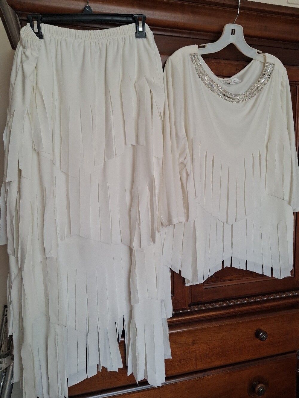 Serafina ...Women's Ivory Fringe Top with Embellished Neck